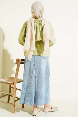Gipe Yakalı Bel İpli Bluz Çağla Yeşili - Bluz