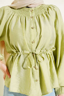 Gipe Yakalı Bel İpli Bluz Çağla Yeşili - Bluz