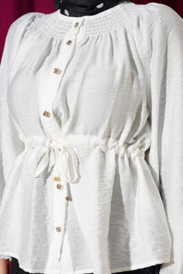 Gipe Yakalı Bel İpli Bluz Ekru - Bluz