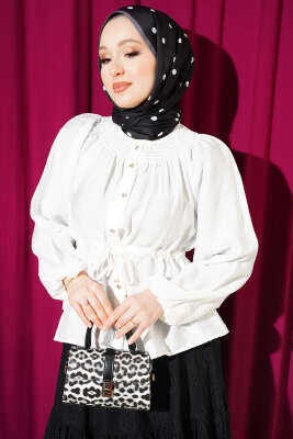 Gipe Yakalı Bel İpli Bluz Ekru - TABLO FASHİON