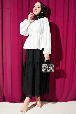 Gipe Yakalı Bel İpli Bluz Ekru - Bluz