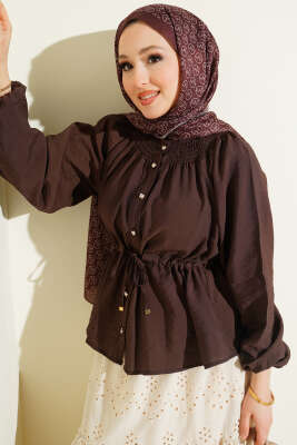 Gipe Yakalı Bel İpli Bluz Kahve - TABLO FASHİON