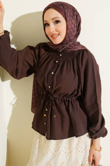Gipe Yakalı Bel İpli Bluz Kahve - Bluz