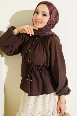 Gipe Yakalı Bel İpli Bluz Kahve - Bluz