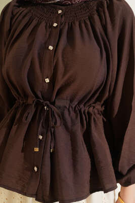 Gipe Yakalı Bel İpli Bluz Kahve - Bluz