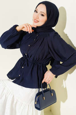 Gipe Yakalı Bel İpli Bluz Lacivert - TABLO FASHİON