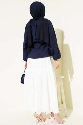 Gipe Yakalı Bel İpli Bluz Lacivert - Bluz