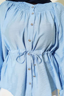 Gipe Yakalı Bel İpli Bluz Mavi - Bluz