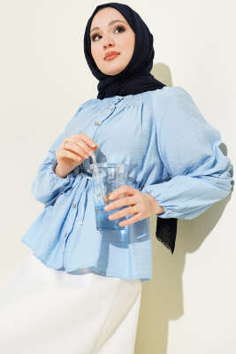 Gipe Yakalı Bel İpli Bluz Mavi - TABLO FASHİON