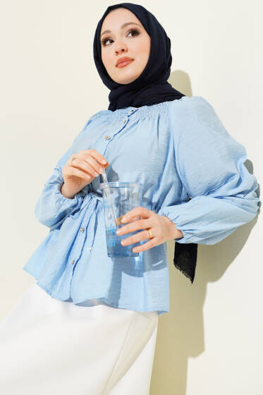 Gipe Yakalı Bel İpli Bluz Mavi - Bluz
