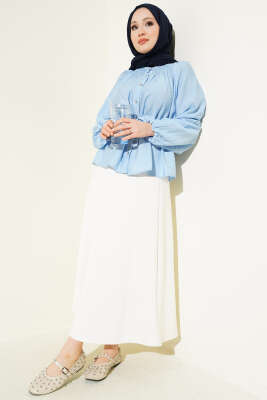 Gipe Yakalı Bel İpli Bluz Mavi - Bluz