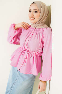 Gipe Yakalı Bel İpli Bluz Pembe - TABLO FASHİON
