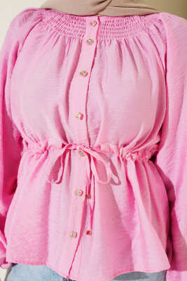 Gipe Yakalı Bel İpli Bluz Pembe - Bluz