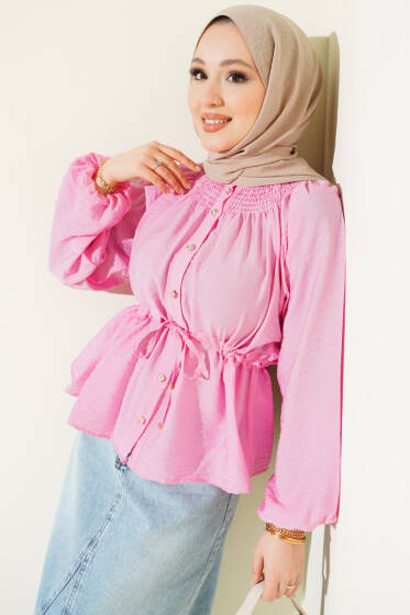 Gipe Yakalı Bel İpli Bluz Pembe - Bluz
