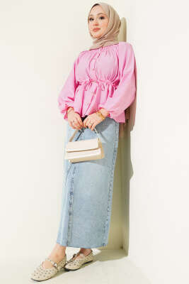 Gipe Yakalı Bel İpli Bluz Pembe - Bluz