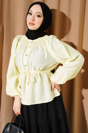Gipe Yakalı Bel İpli Bluz Sarı - Bluz