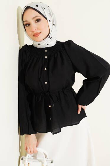 Gipe Yakalı Bel İpli Bluz Siyah - Bluz