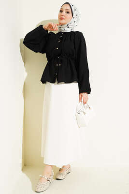 Gipe Yakalı Bel İpli Bluz Siyah - Bluz