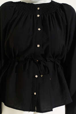 Gipe Yakalı Bel İpli Bluz Siyah - Bluz