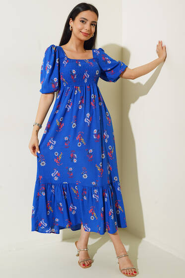 Gipeli Çiçek Desenli Elbise Saks - Kadın Giyim Modelleri