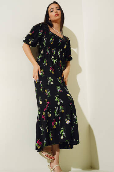 Gipeli Çiçek Desenli Elbise Siyah - Kadın Giyim Modelleri