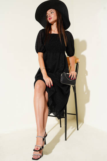 Gipeli Dantel Kollu Midi Elbise Siyah - Kadın Giyim Modelleri