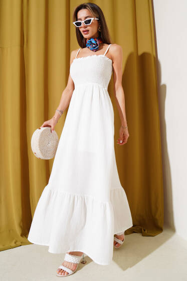 Gipeli İp Askılı Müslin Elbise Ekru - Kadın Giyim Modelleri