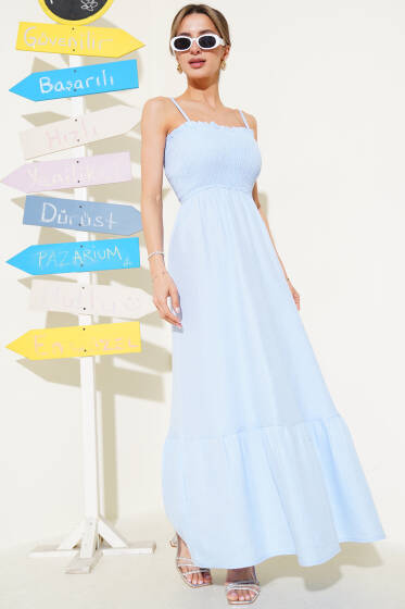 Gipeli İp Askılı Müslin Elbise Mavi - Kadın Giyim Modelleri