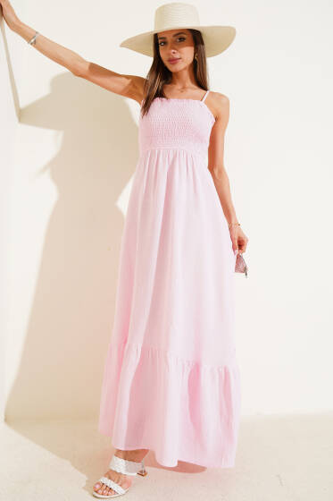 Gipeli İp Askılı Müslin Elbise Pembe - Kadın Giyim Modelleri