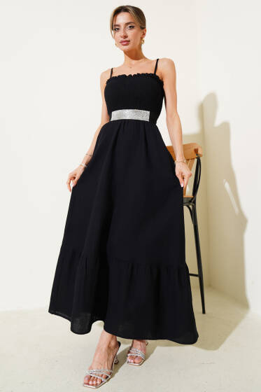 Gipeli İp Askılı Müslin Elbise Siyah - Kadın Giyim Modelleri