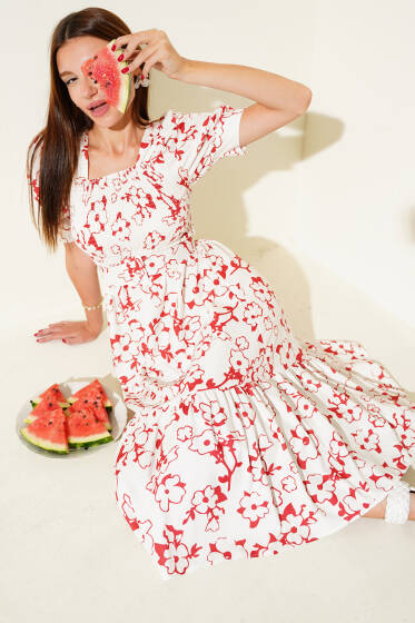 Gipeli Mini Çiçekli Kemerli Midi Elbise Bordo - Kadın Giyim Modelleri