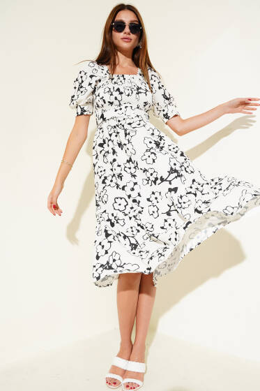 Gipeli Mini Çiçekli Kemerli Midi Elbise Siyah Ekru - Kadın Giyim Modelleri