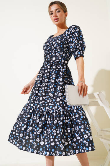 Gipeli Mini Çiçekli Kemerli Midi Elbise Siyah - Kadın Giyim Modelleri