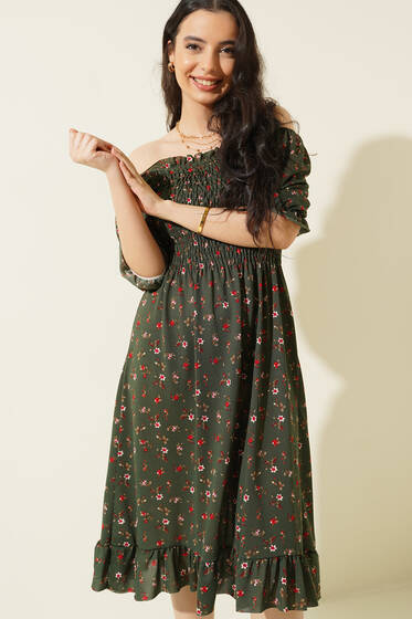 Gipeli Omuzları Açık Elbise Haki - Kadın Giyim Modelleri