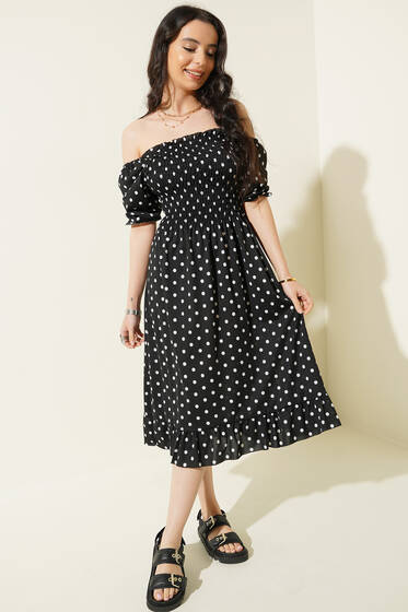 Gipeli Omuzları Açık Elbise Siyah Puantiye - Kadın Giyim Modelleri