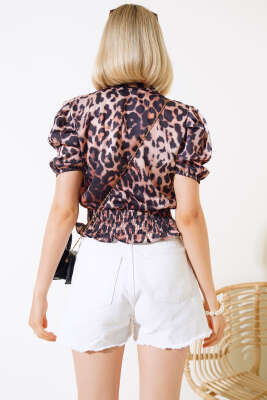 Gipeli Saten Leopar Desen Bluz Kahve - Kadın Giyim Modelleri