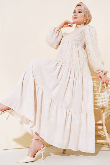 Gipeli Simli Kat Elbise Bej - Tesettür Elbise