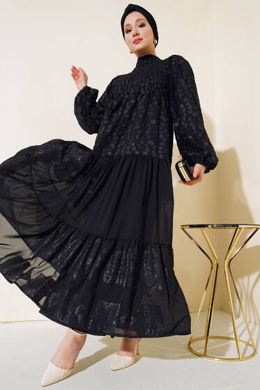 Gipeli Simli Kat Elbise Siyah - Tesettür Elbise