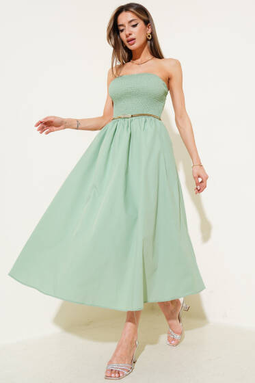 Gipeli Straplez Midi Elbise Çağla Yeşili - Kadın Giyim Modelleri