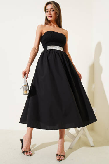 Gipeli Straplez Midi Elbise Siyah - Kadın Giyim Modelleri