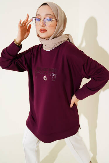 Give This World Baskılı Tunik Mürdüm - Tunik