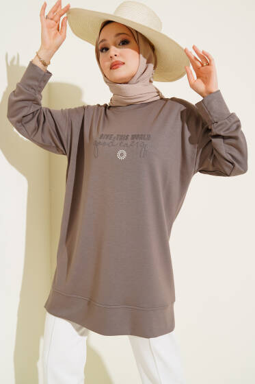 Give This World Baskılı Tunik Vizon - Tunik