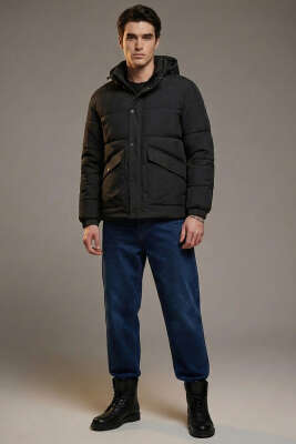 Gizlenebilir Kapüşonlu Şişme Erkek Mont Siyah - Erkek Mont