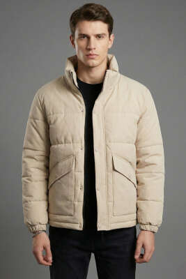 Gizlenebilir Kapüşonlu Şişme Erkek Mont Taş - ZAGO