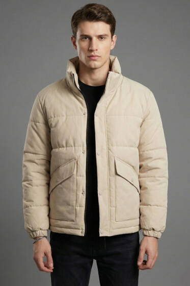 Gizlenebilir Kapüşonlu Şişme Erkek Mont Taş - Erkek Mont