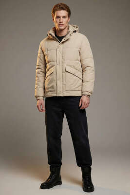 Gizlenebilir Kapüşonlu Şişme Erkek Mont Taş - Erkek Mont