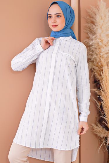 Gizli Cepli Çizgili Mavi Gömlek - Gömlek