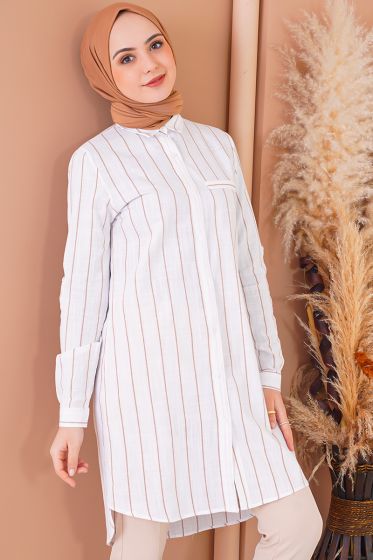 Gizli Cepli Çizgili Taba Gömlek - Gömlek