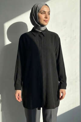 Gizli Düğmeli Ayrobin Gömlek Siyah - BIGDART