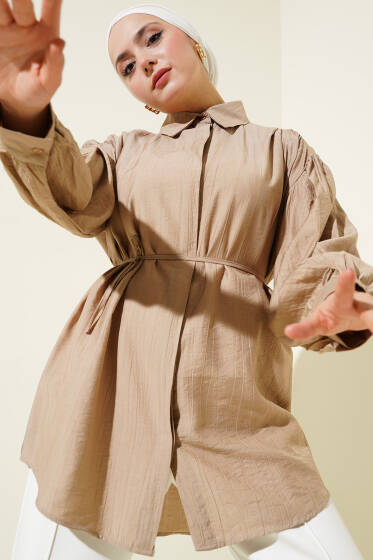 Gizli Düğmeli Balon Kol İp Kuşaklı Gömlek Latte - Gömlek